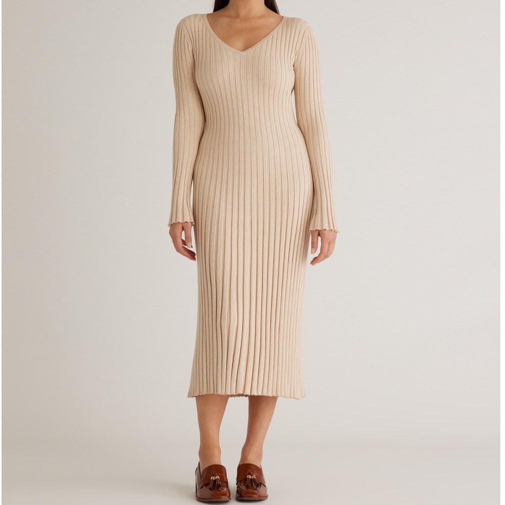 Quince Cotton Cashmere Ribbed V-Neck Midi Dress Heather Oatmeal Fall Cozy Medium